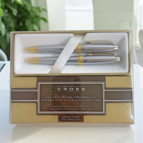 Cross Bailey Vintage Chrome with Gold Tone Pen & Pencil Set Including Gift Box - Picture 1 of 6